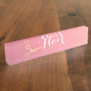 Friseursalon Makeup Salon Moderne rosa Goldschere Namensplakette