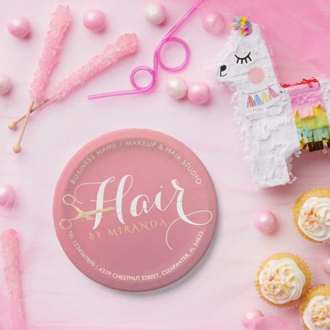 Friseursalon Makeup Salon Moderne rosa Goldschere Pappteller (Party)