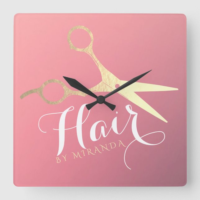 Friseursalon Makeup Salon Moderne rosa Goldschere Quadratische Wanduhr (Vorderseite)