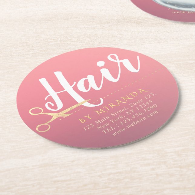 Friseursalon Makeup Salon Moderne rosa Goldschere Runder Pappuntersetzer (Angewinkelt)