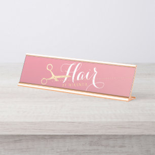 Friseursalon Makeup Salon Moderne rosa Goldschere Schreibtischnamensplakette