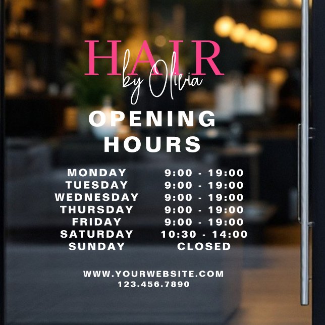 Friseursalon Pink Business Openings Stunden Weiß Fensteraufkleber (Von Creator hochgeladen)