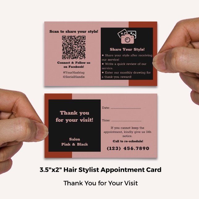 Friseursalon Rosa Schwarz Dank an Social Connect & Terminkarte (Hair Salon Pink Black Red Thanks, Social Connect & Appointment Card; Standard Size: 3.5x2 Inch)