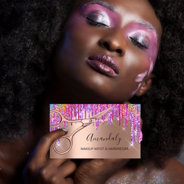 Friseursalon Rose Goldschere Tropfen Visitenkarte (Hair Stylist Hairdresser Rose Gold Scissors Drip Business Card)