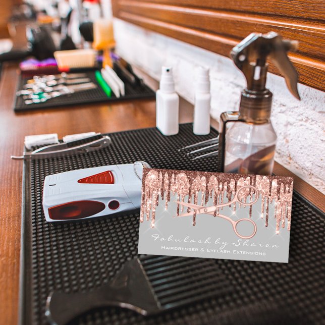 Friseursalon Rose Grau Tropfen Visitenkarte (Hair Stylist Hairdresser Scissors Rose Gray Drips Business Card)