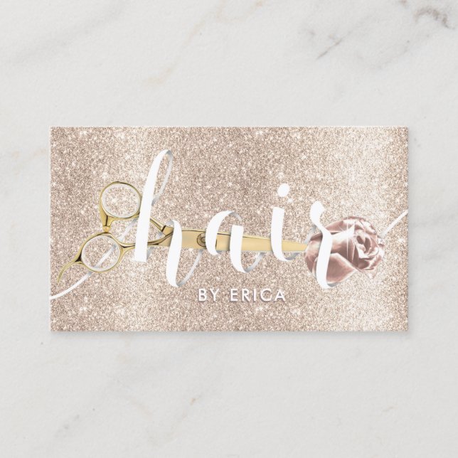 Friseursalon Schere & Blume Ivory Gold Glitzer Visitenkarte (Vorderseite)