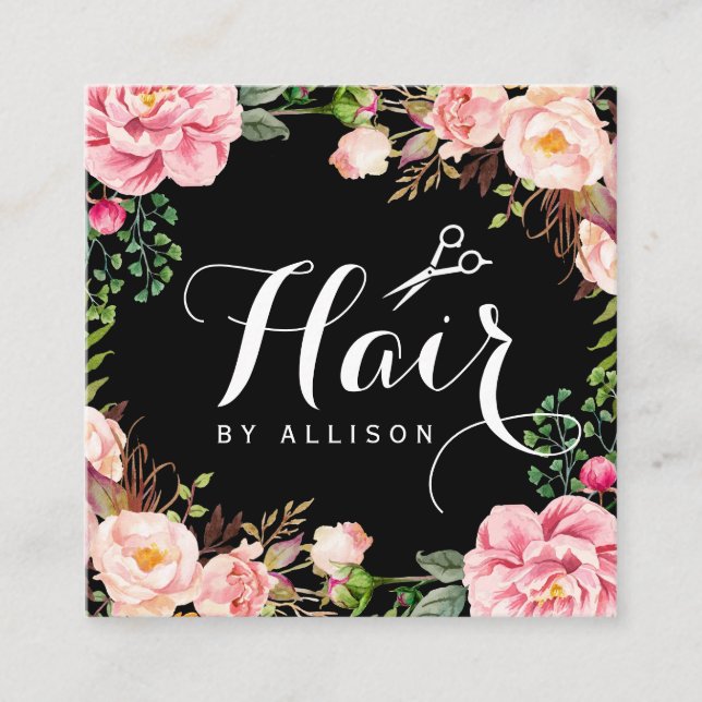 Friseursalon Schere Blumenrapping Quadratische Visitenkarte (Vorderseite)