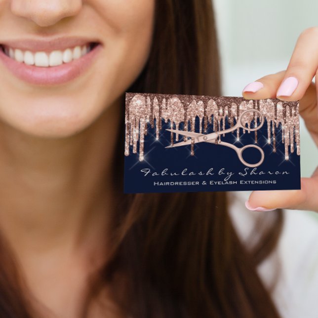 Friseursalon Schere Rose Tropfen Navy Visitenkarte (Hair Stylist Hairdresser Scissors Rose Drips Navy Business Card)