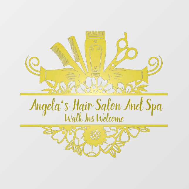 Friseursalon und Wellness-Center - Goldfarbe anpas Fensteraufkleber (Blatt)