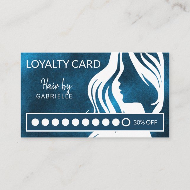 Friseursalon, weiß und blau, moderner Loyalopunkt Visitenkarte (Vorderseite)