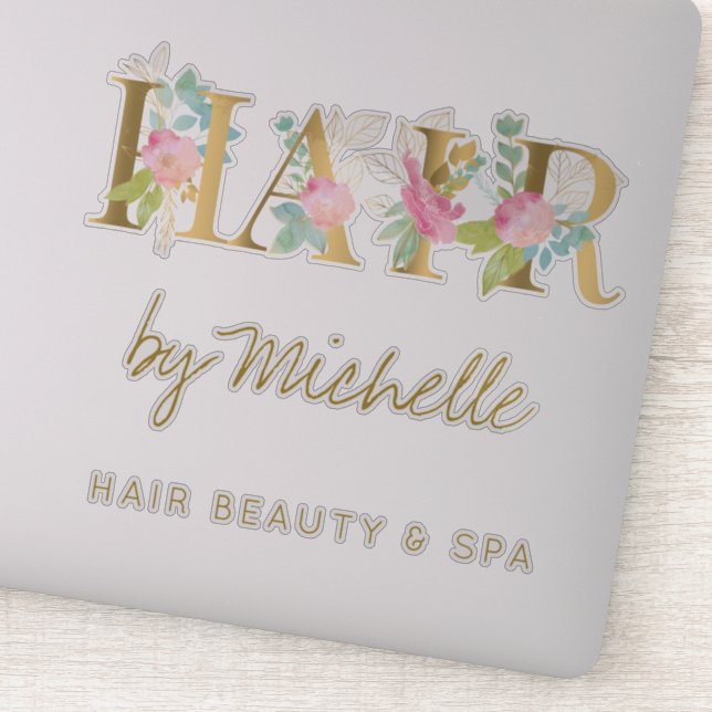 Friseursalonname Gold und rosa Blumentypografie Aufkleber (Detail)