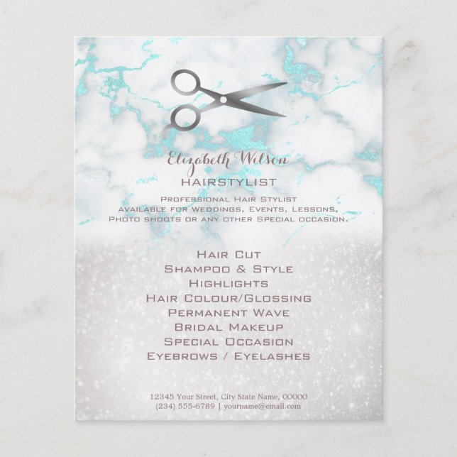 Friseurschere auf aquamarinem Marmor Flyer (Vorne)