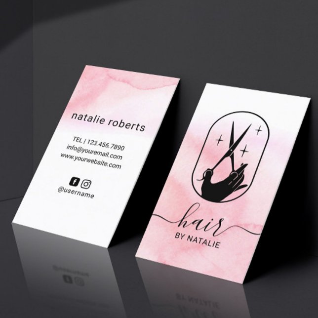 Friseurschere & Hand Pink Aquarellsalon Visitenkarte (Von Creator hochgeladen)