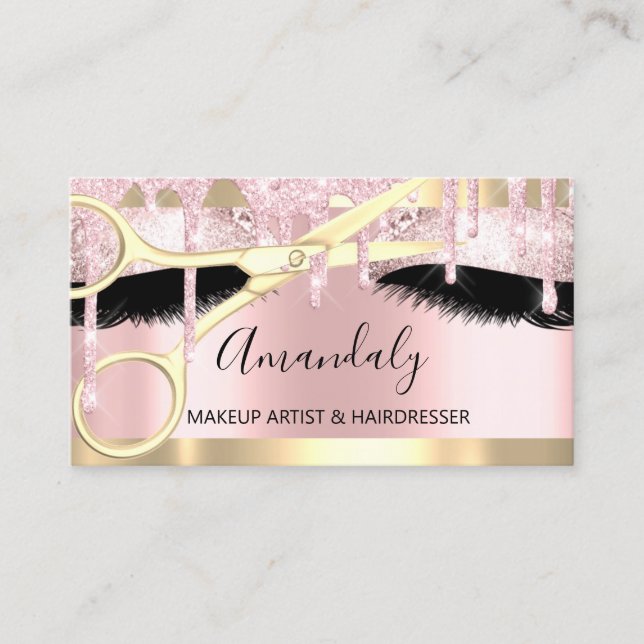 Friseurschere Makeup Gold Pink Coiffeur Visitenkarte (Vorderseite)