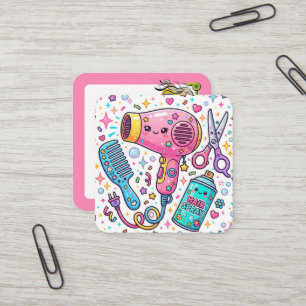 Friseurstyling-Tools im süßen Kawaii-Kunststil Quadratische Visitenkarte