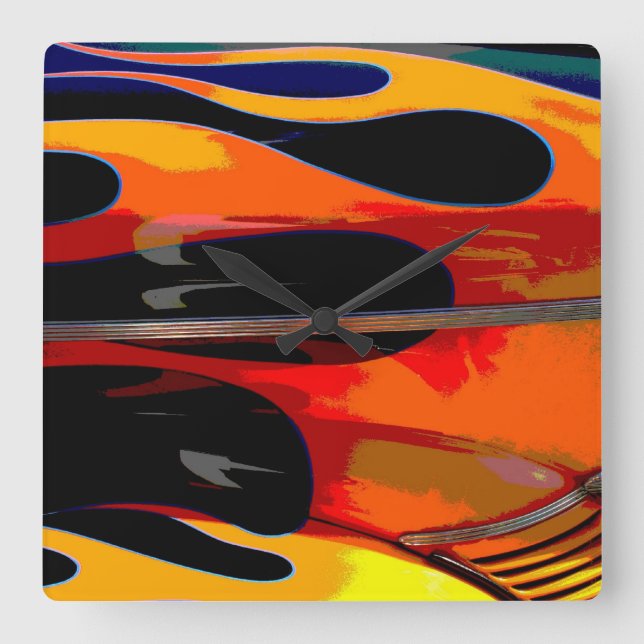 Frisierte Auto Flames Quadratische Wanduhr (Vorderseite)