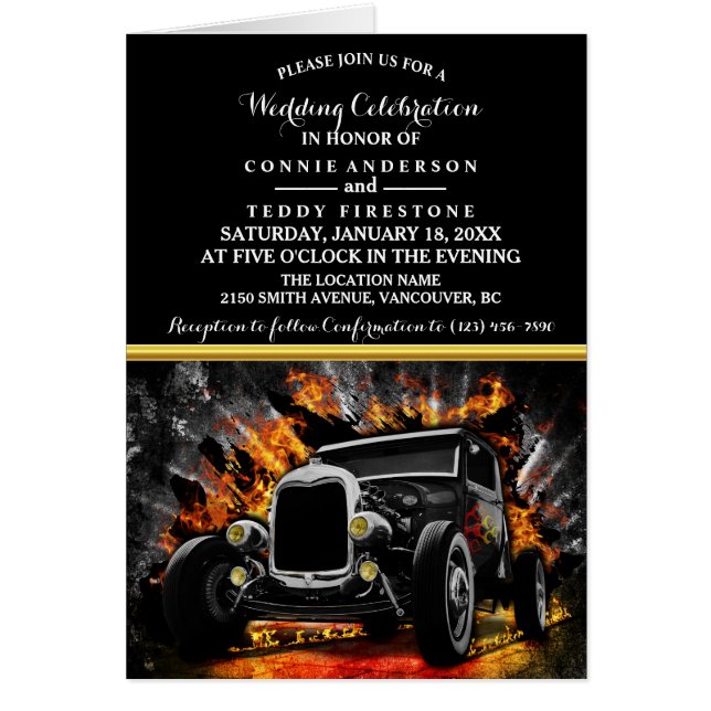 Frisierte Auto Party Feuer Hochzeit Einladung (Vorne)