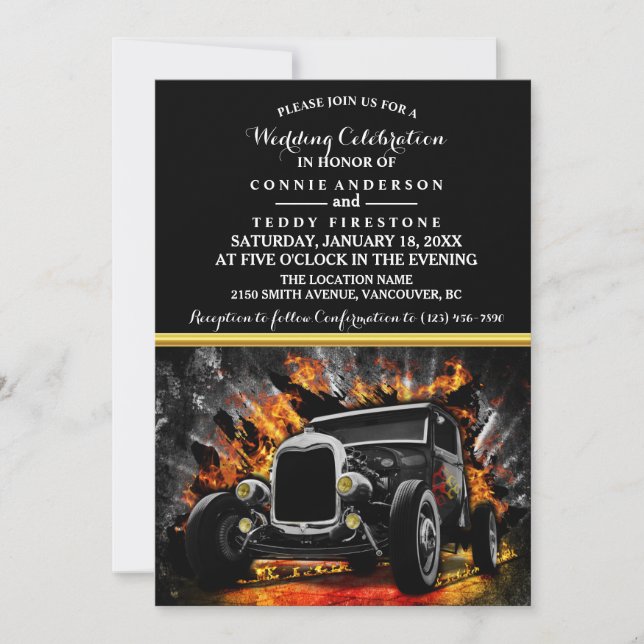 Frisierte Auto Party Feuer Hochzeit Einladung (Vorderseite)