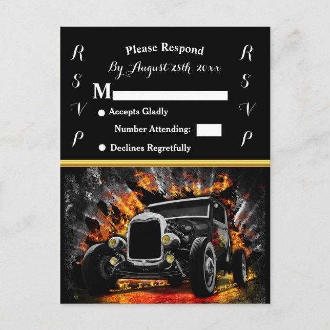 Frisierte Auto Party Feuer Hochzeit RSVP Einladungspostkarte (Vorderseite)
