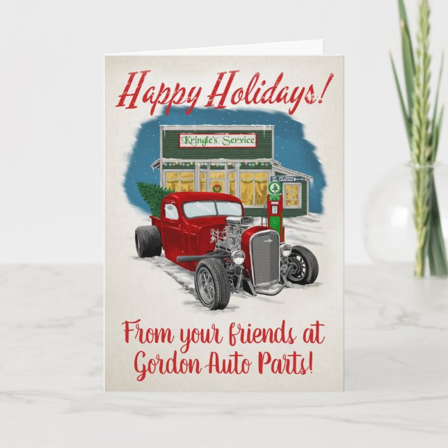 Frisierte Auto, roter Lkw, Retro Weihnachten Karte (Vorderseite)