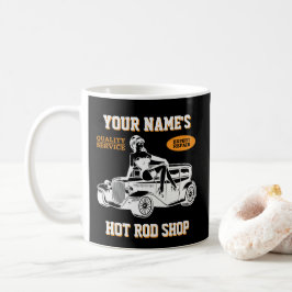 Frisierte Auto-Shop-Garage mit Lady hinzufügen Kaffeetasse