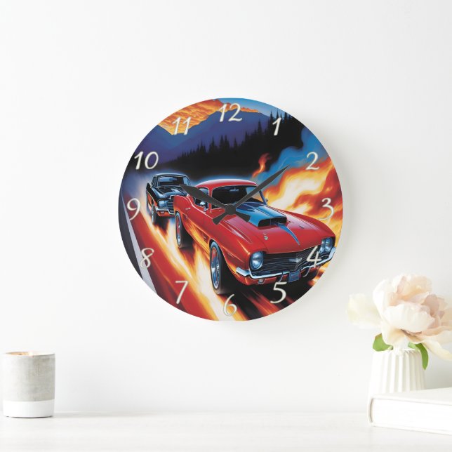 Frisierte Autos bei Sonnenuntergang Große Wanduhr (Zuhause)