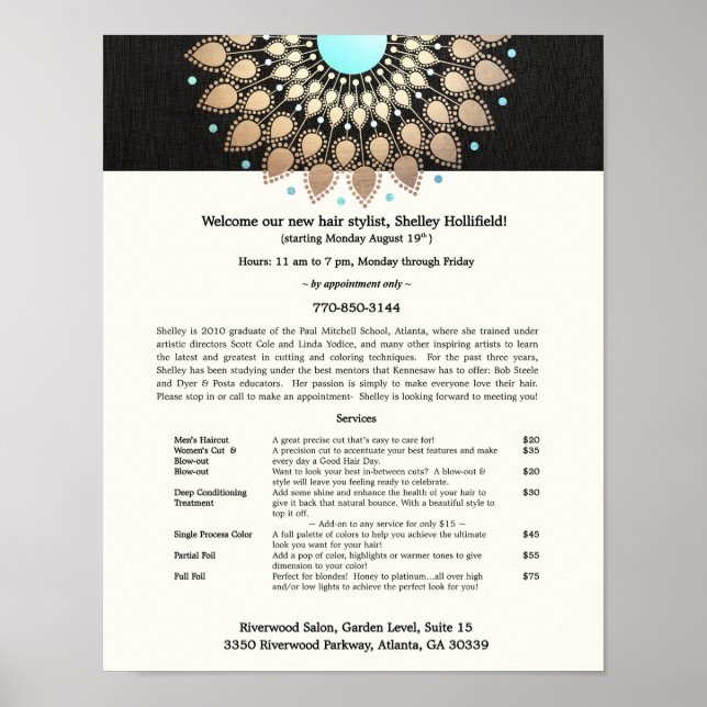 Frisur Stylist Gold Verzierte Motif Black Linse Lo Poster (Vorne)