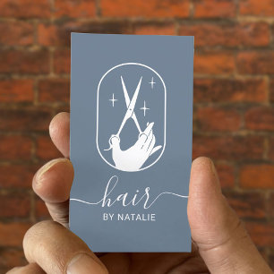 Frisur-Stylist-Schere und Handlogo Blauer Salon Visitenkarte