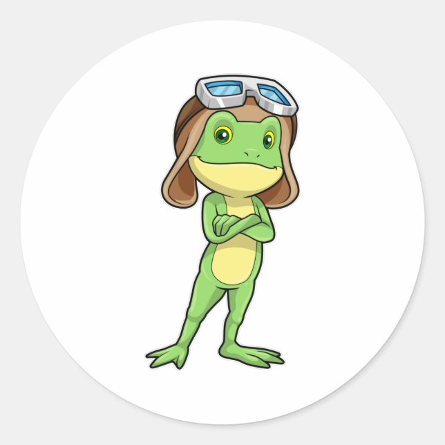 Frog als Pilot mit Hut und Brille Runder Aufkleber (Vorderseite)