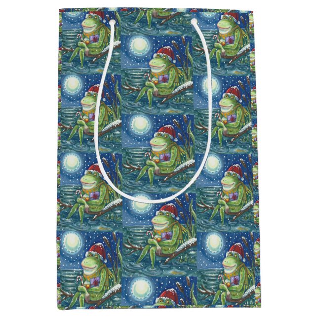 FROG AUF LOG SANTA, CHRISTMAS MEDIUM GIFT BAG MITTLERE GESCHENKTÜTE (Vorderseite)
