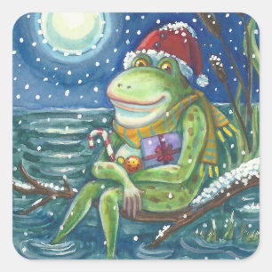 FROG AUF LOG WARMT DAS HERZ, FUNNY, NIEDLICHE WEIH QUADRATISCHER AUFKLEBER