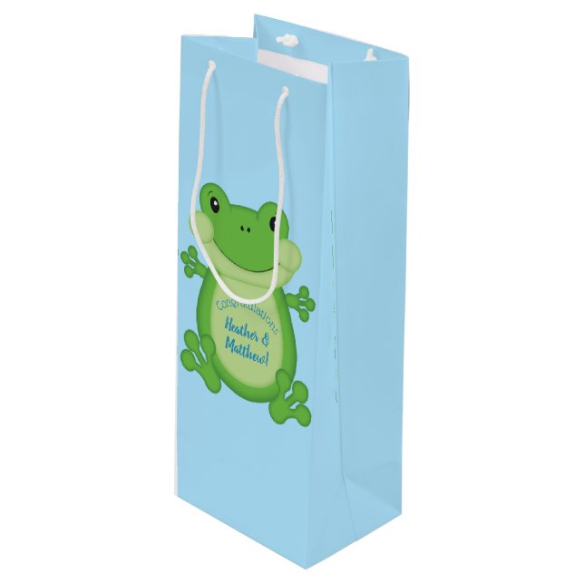 Frog Baby Shower Blue Geschenktüte Für Weinflaschen (Vorderseite Schrägansicht)