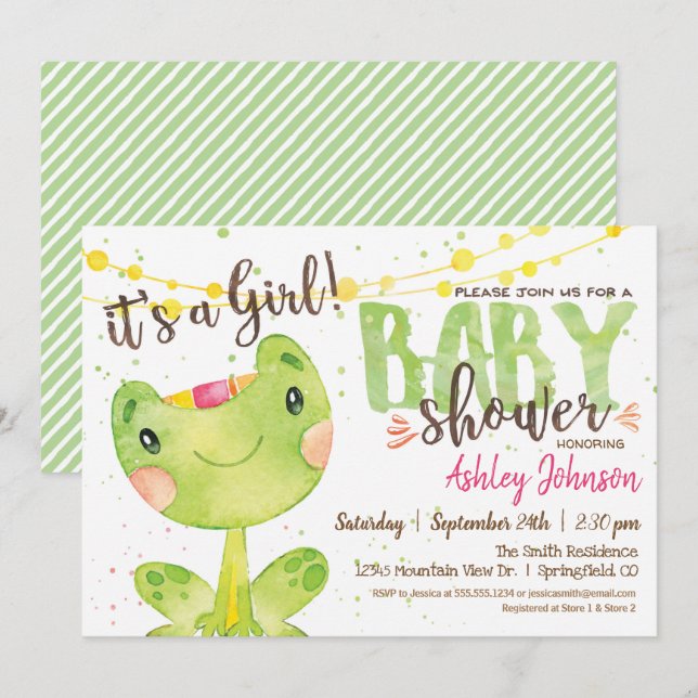 Frog Baby Shower Einladung, Mädchen Einladung (Vorne/Hinten)