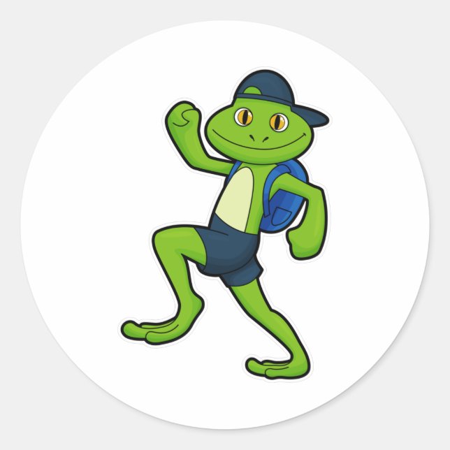 Frog beim Laufen mit Rucksack & Hut Runder Aufkleber (Vorderseite)