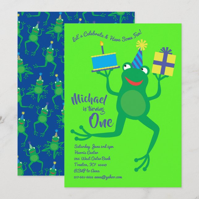 Frog Colorful 1er Birthday Cute Invitations (Devant / Derrière)