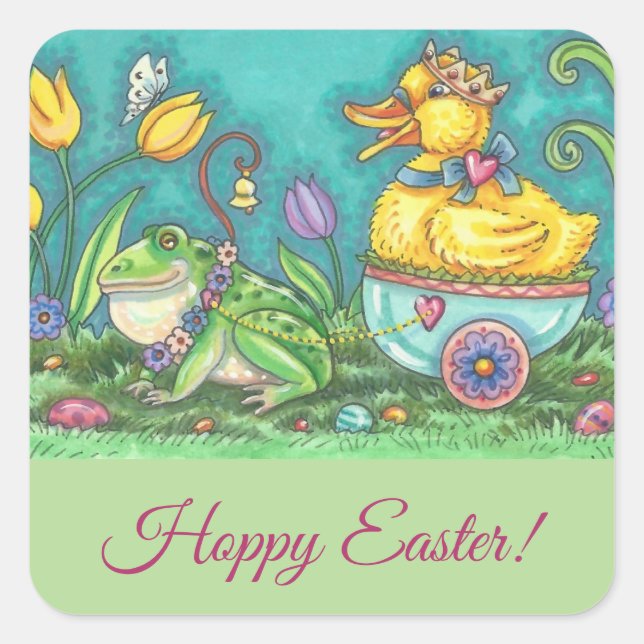 FROG & DUCK EASTER EGG, NIEDLICHE KLEINEN QUADRATISCHER AUFKLEBER (Vorderseite)