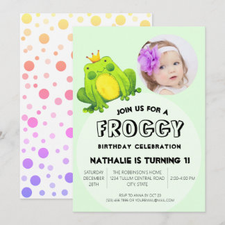 Frog Foto Geburtstag Rosa 1. Party Niedlich Polka  Einladung