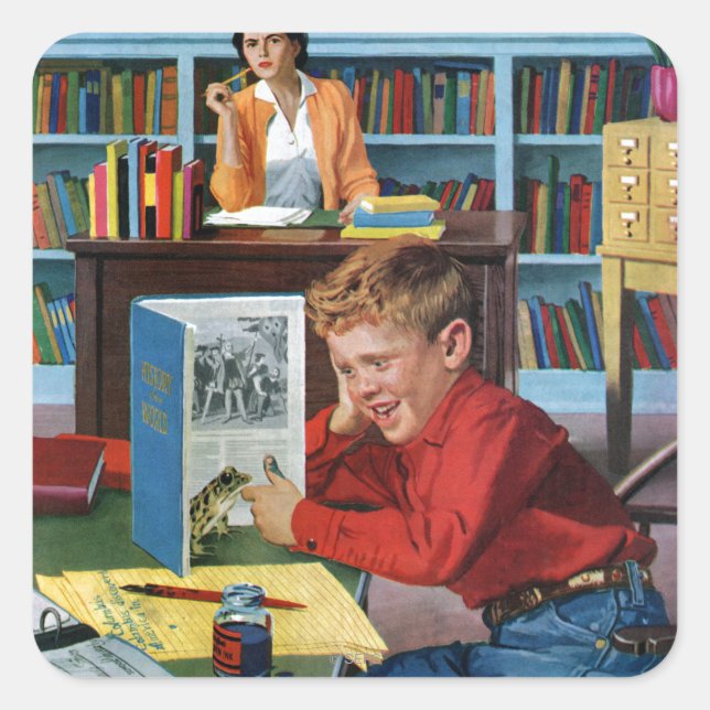 Frog in der Bibliothek Quadratischer Aufkleber (Vorderseite)