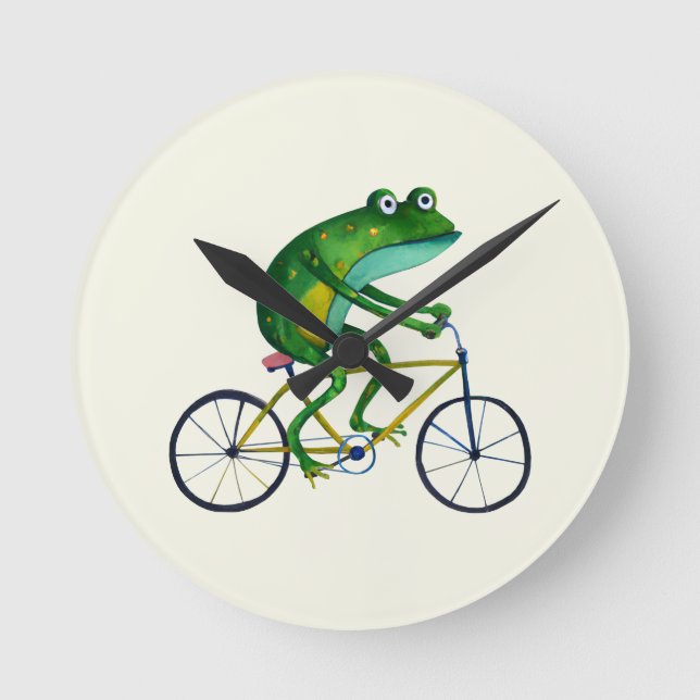 Frog On Bicycle Runde Wanduhr (Vorderseite)