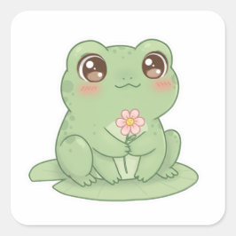 Frog on Lily Pad – Pure Kawaii Joy Quadratischer Aufkleber