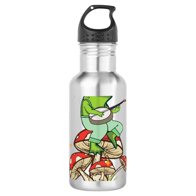 Frog Playing Banjo Pilze Blume Edelstahlflasche (Vorderseite)