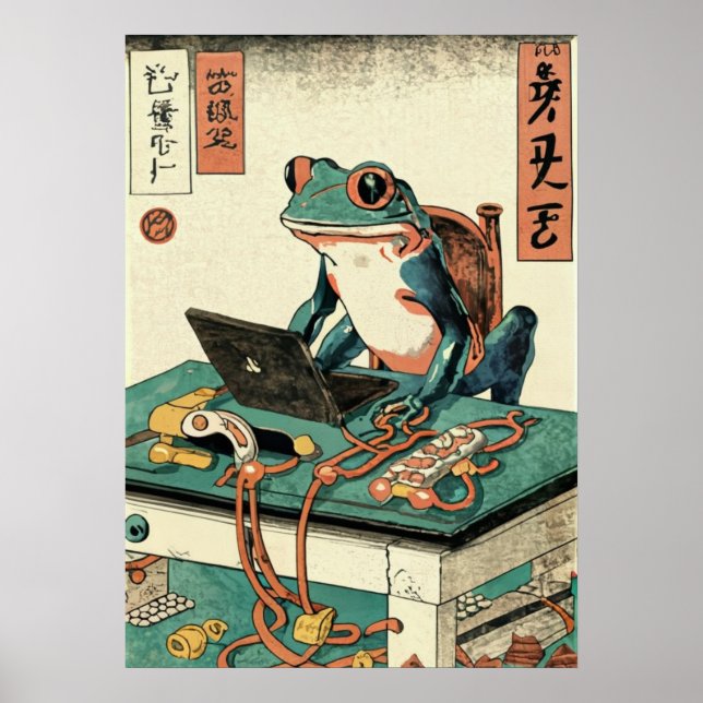 Frog Playing PC Games, Ukiyo-e Frog Art, Frog Poster (Vorne)