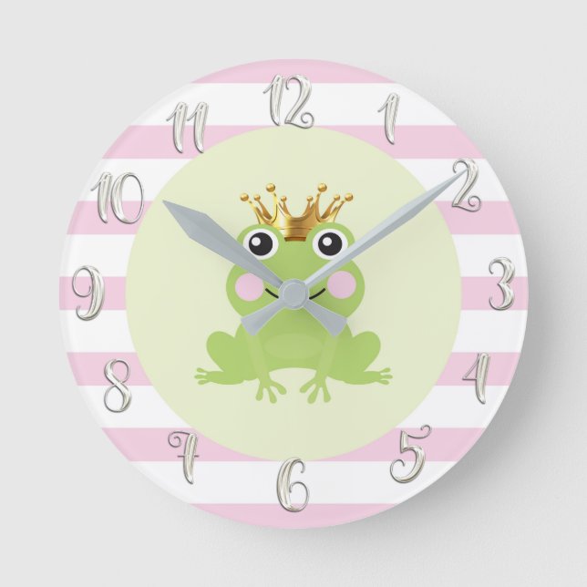 Frog Prince Gold Crown Cute Whimsical Nursery Pink Runde Wanduhr (Vorderseite)