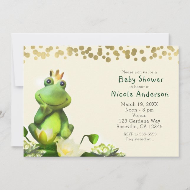 Frog Prince Green & Gold Baby Shower Invitations (Devant)