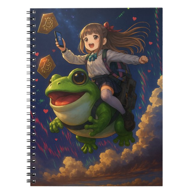 Frog-Riding Crypto Pepecoin Waifu Anime Notebook Notizblock (Vorderseite)