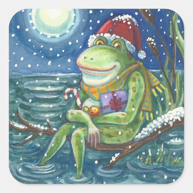 FROG SANTA ON LOG, HOLLIDAY CHRISTMAS STICKERS Squ (Vorderseite)