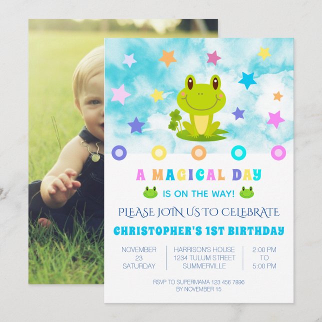 Frog Star 1er anniversaire fête Retro Invitation (Devant / Derrière)