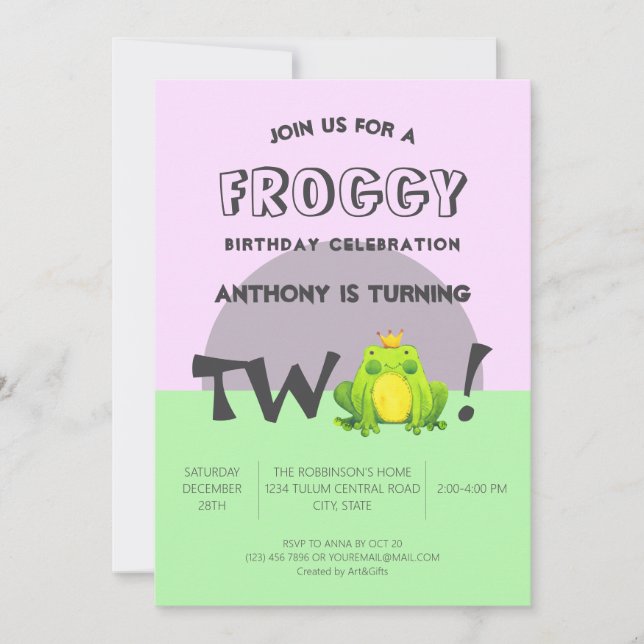 Frog Theme 2. Geburtstag Kinder Party Einladung (Vorderseite)