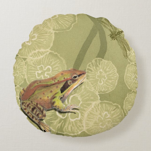 Frog und Dragonfly auf Water Lilies Rundes Kissen (Vorderseite)