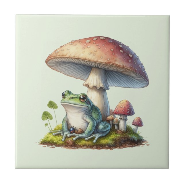 Frog Under a Mushroom Cute Nature Fliese (Vorderseite)
